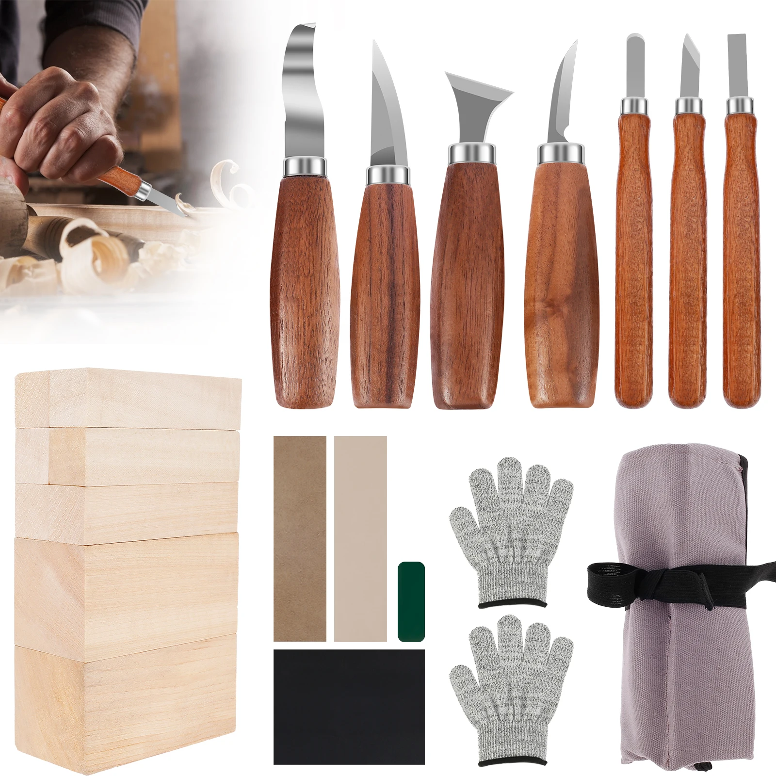 

20Pcs Wood Carving Kit Wood Whittling Tools with Basswood Gloves Wax Sandpaper Professional Whittling Cutter Set Multipurpose