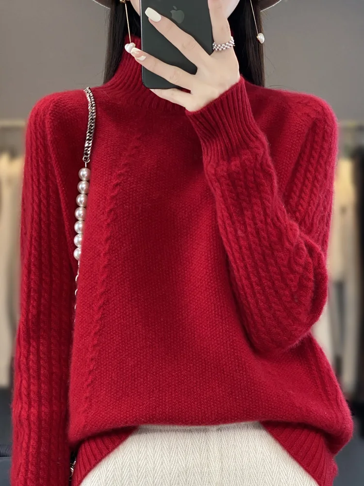 

New Women Cashmere Sweater Autumn Winter Turtleneck Pullover Twist Flower 100% Merino Wool Thick Knitwear Female Grace Soft Top