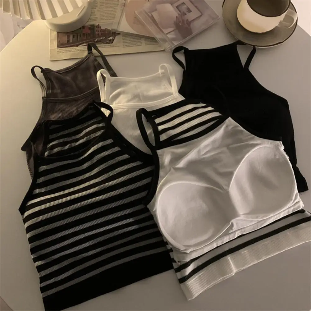 

Women's Padded Ribbed Tank Top Summer Sleeveless Racerback Basic Top With Built-in Bra Spaghetti Strap Camisole Female Crop Top