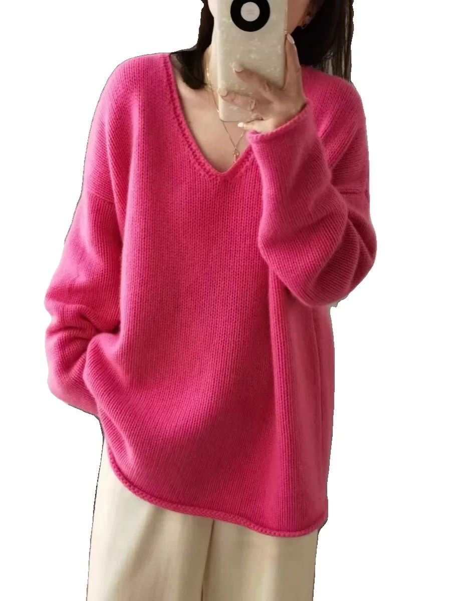Suéter de cachemira de lujo para mujer, suéter rosa con cuello en V, hombro caído, suelto, de lana pura, otoño e invierno, 2024