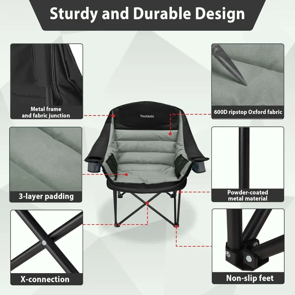 Sedia da campeggio oversize, sedie da campeggio pieghevoli portatili con tasca laterale, portabicchieri e borsa per il trasporto, campeggio all'aperto resistente