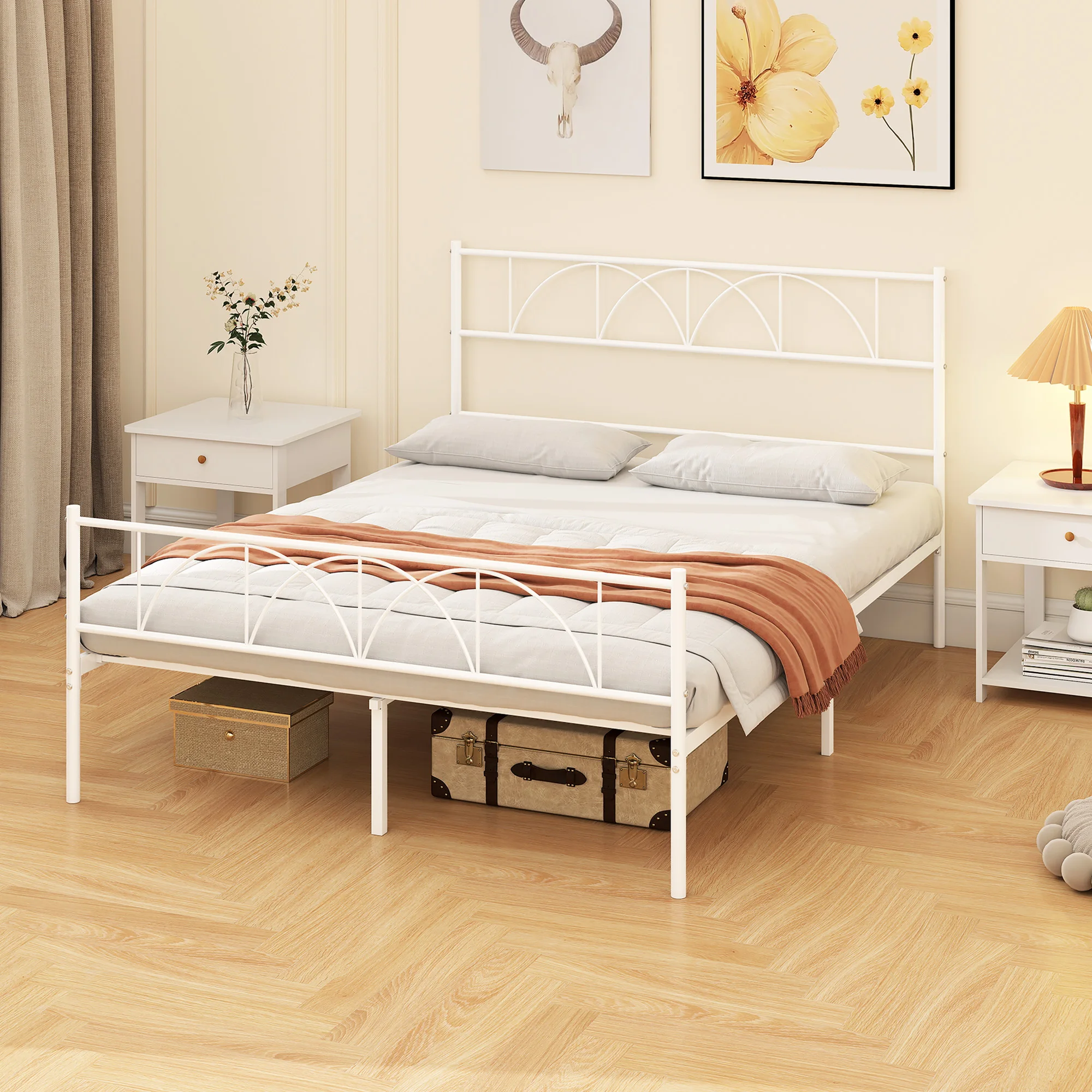 Estructura de Cama 140x190 cm con Cabecero, Soporte de Listones de Acero, Almacenamiento Debajo de la Cama