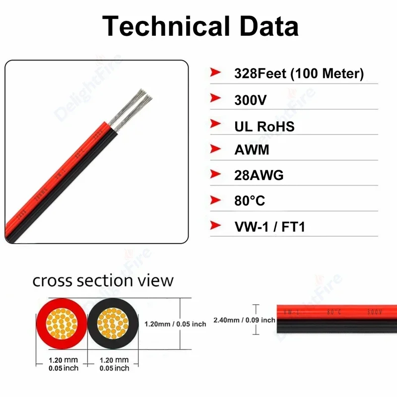 UL2468 2 Pin Electrical Wires 28/26/24/22/20/18 AWG Red Black Flat Ribbon Cable Speaker Wire For LED Car Audio 12V JST Connector