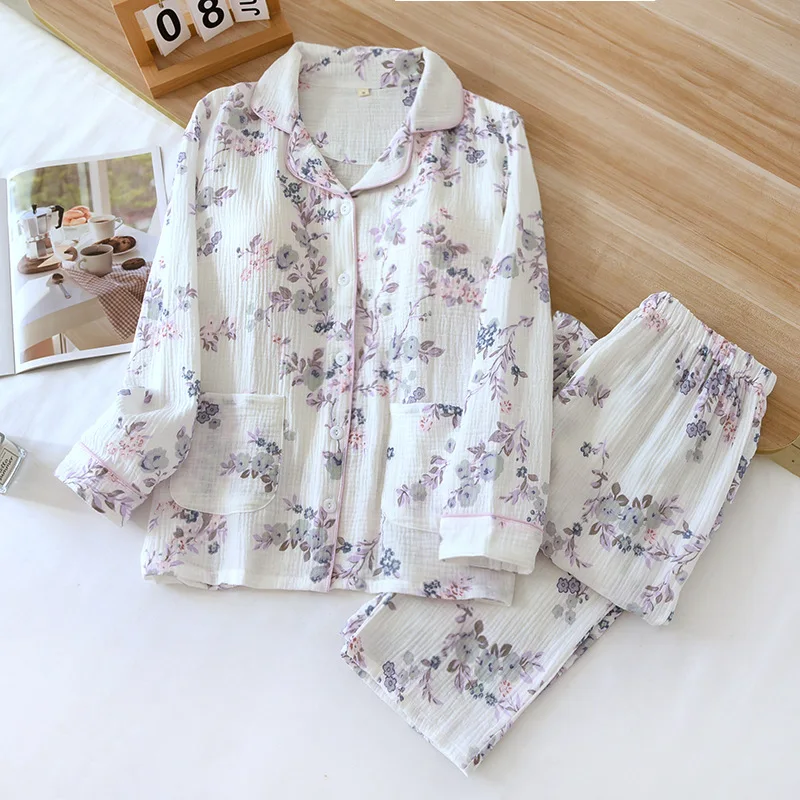 2024 New Spring and Autumn Women\'s Pajama Set 100% Cotton Crepe Cloth with Chest Pads Long Sleeve Two Piece Sweet Home Fury