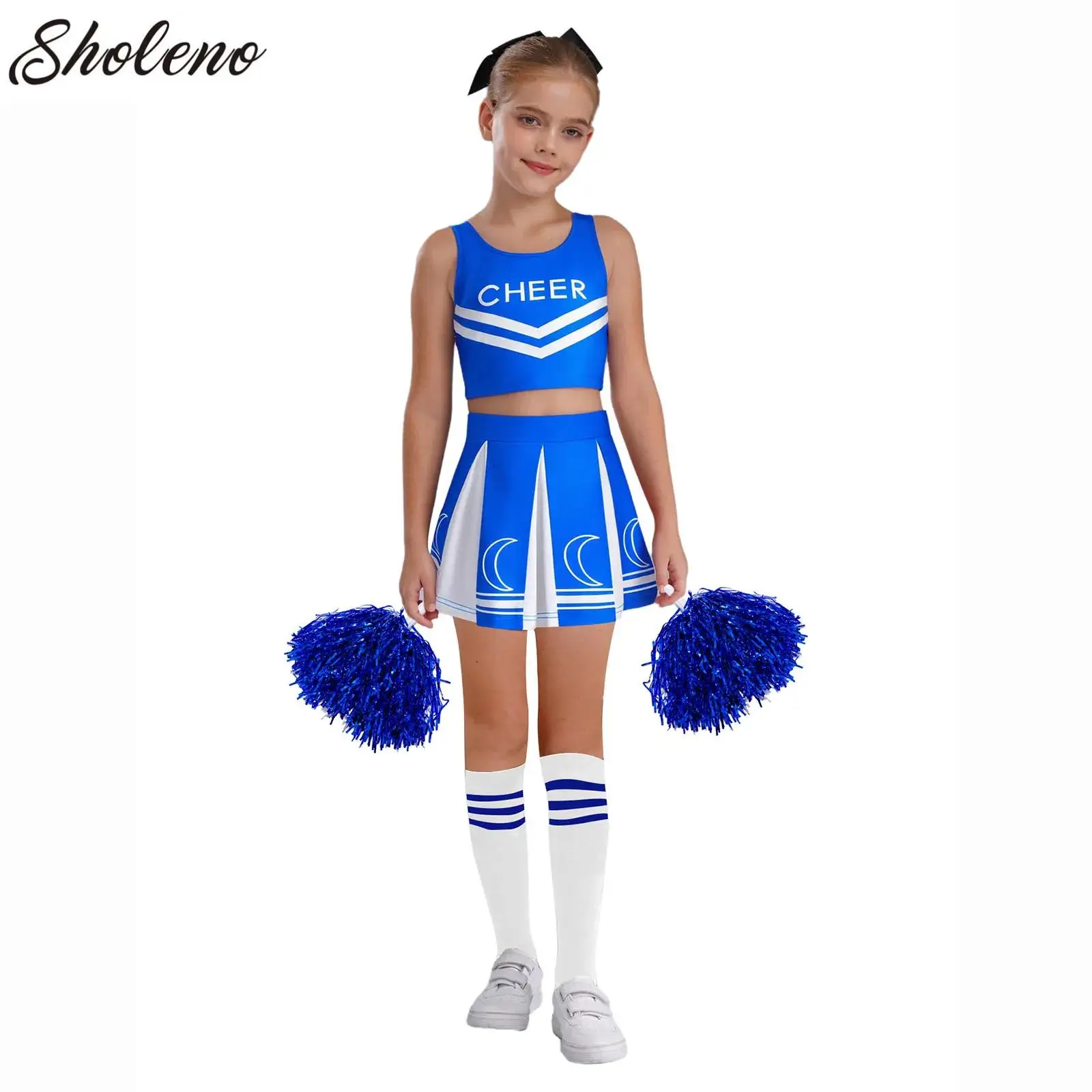 

Kids Girls Cheerleading Uniform Cheerleader Costume Sleeveless Letters Cheers Dancing Clothes Set Performance Outfit Dancewear