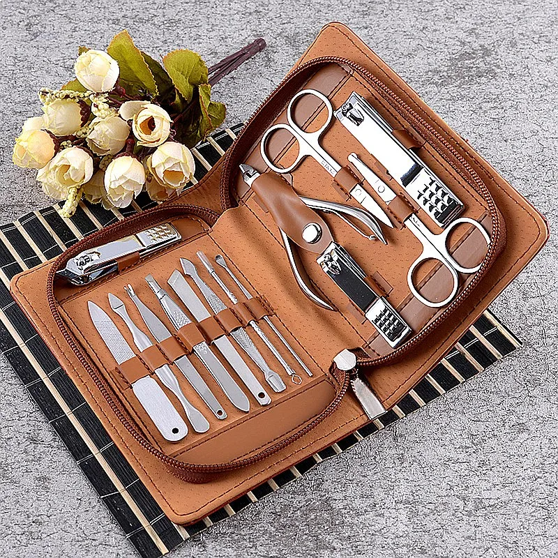 14pcs Professional Stainless Steel Nail Clipper Set Manicure Pedicure Tool Kit Nail Cutter Cuticle Scissors Grooming Gift Case