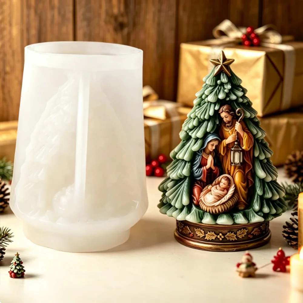 Holy Family Three Tree Silicone Mold Christmas Tree Silicone Candle Plaster Mold Home Decoration Gift