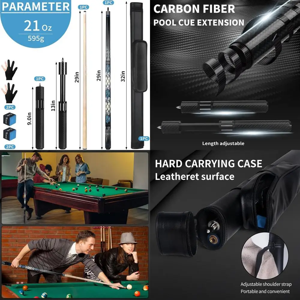 

Canadian Maple Pool Cues - 18-20oz Professional Sticks with Telescopic Carbon Fiber Extension for Bar & Billiards