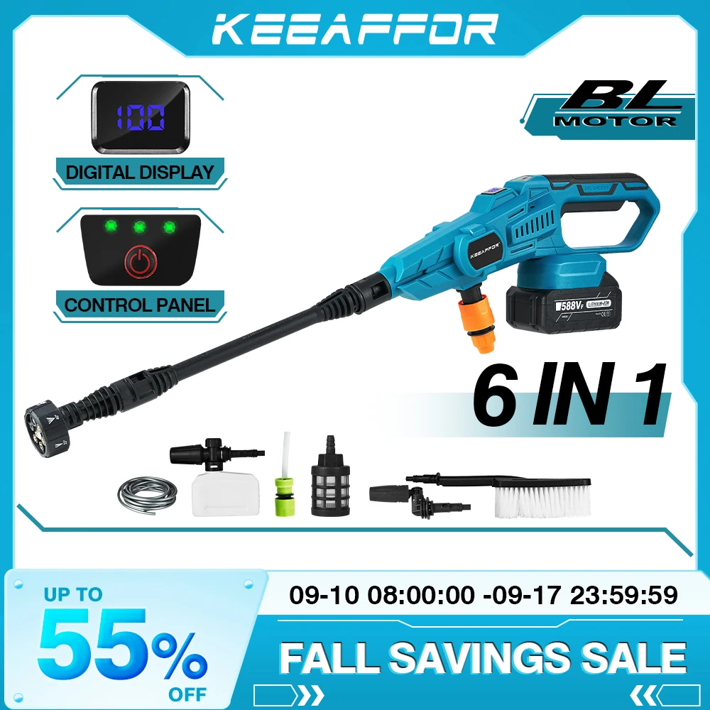 KEEAFFOR 250Bar 3500W Brushless High Pressure Water Gun 6-in 1 Cordless Rechargeable Car Washing Gun for Makita 18V Battery