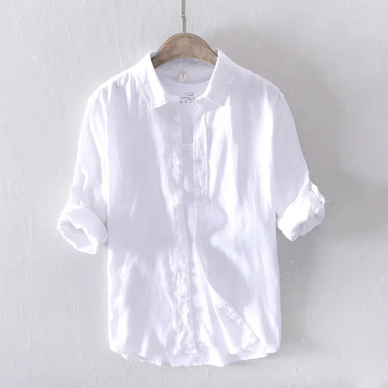 Hemp Shirt for Men Long Sleeve Casual White Button Shirt Tops Male Pure Linen Vintage Solid Color Turn-down Collar Clothing