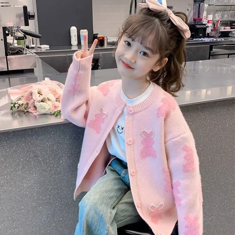 

2025 Trendy Girls' Knit Cardigan Spring Autumn Jacket for Children - Lightweight & Stylish Crossover Top