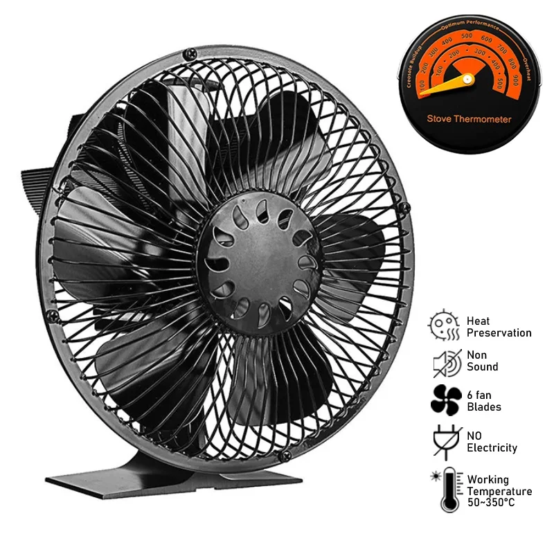 6 Blades Heat Powered Stove Fan With Cover Log Wood Burner Eco Quiet Large Air Volume Fireplace Fan Efficient Heat Distribution