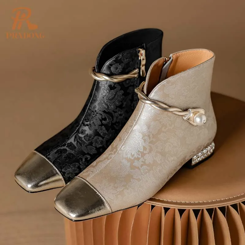 PRXDONG New Fashion Women ANkle Boots Leather Crystal Low Square Heels Black Apricot Zipper Dress Party Female Shoes Size 34-40