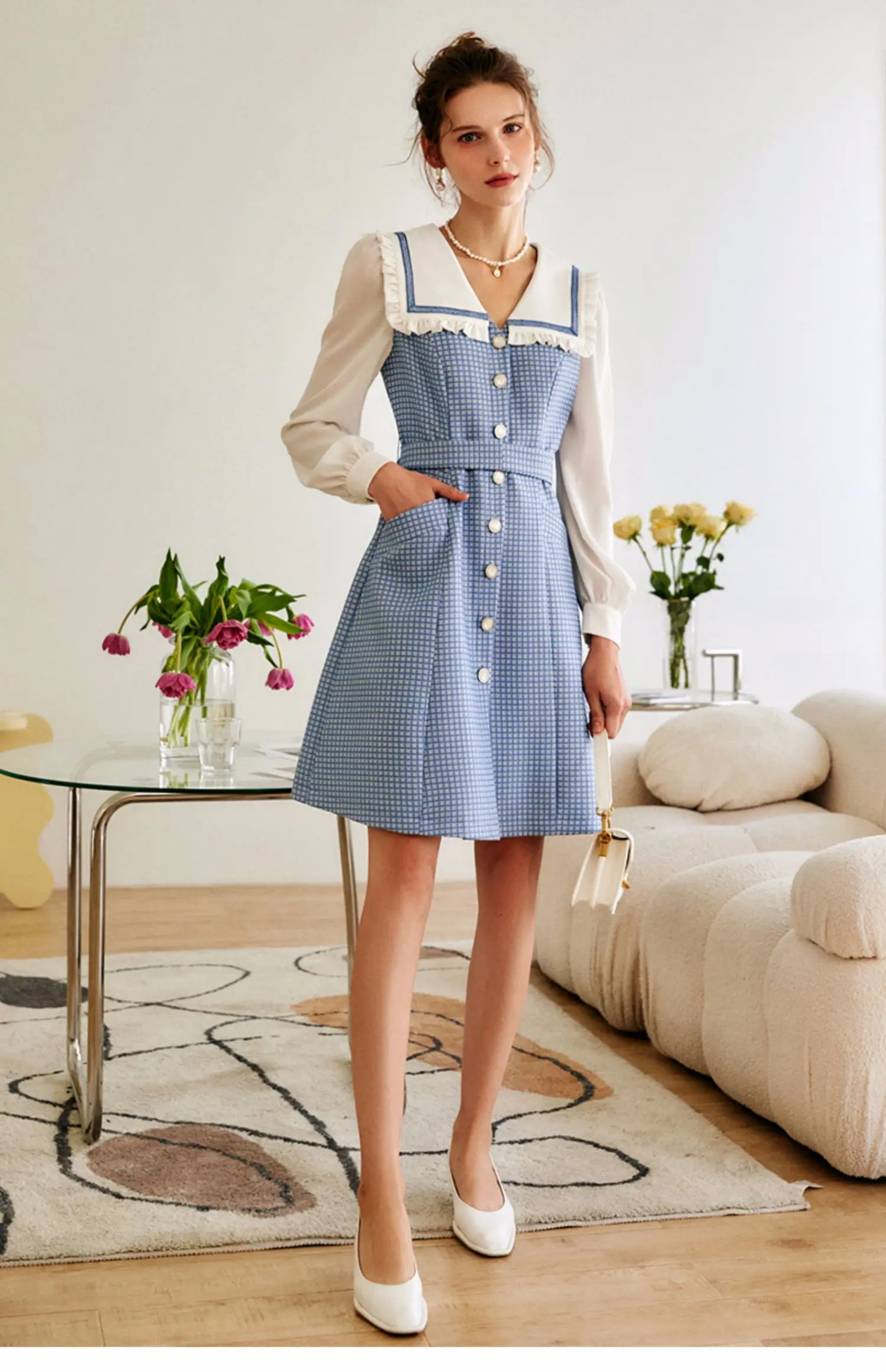 

OLrain Spliced Plaid Women Mini Dresses 2025 Summer Commute A-Line Sailor Collar Long Sleeve Button Party Dresses O22CL60381