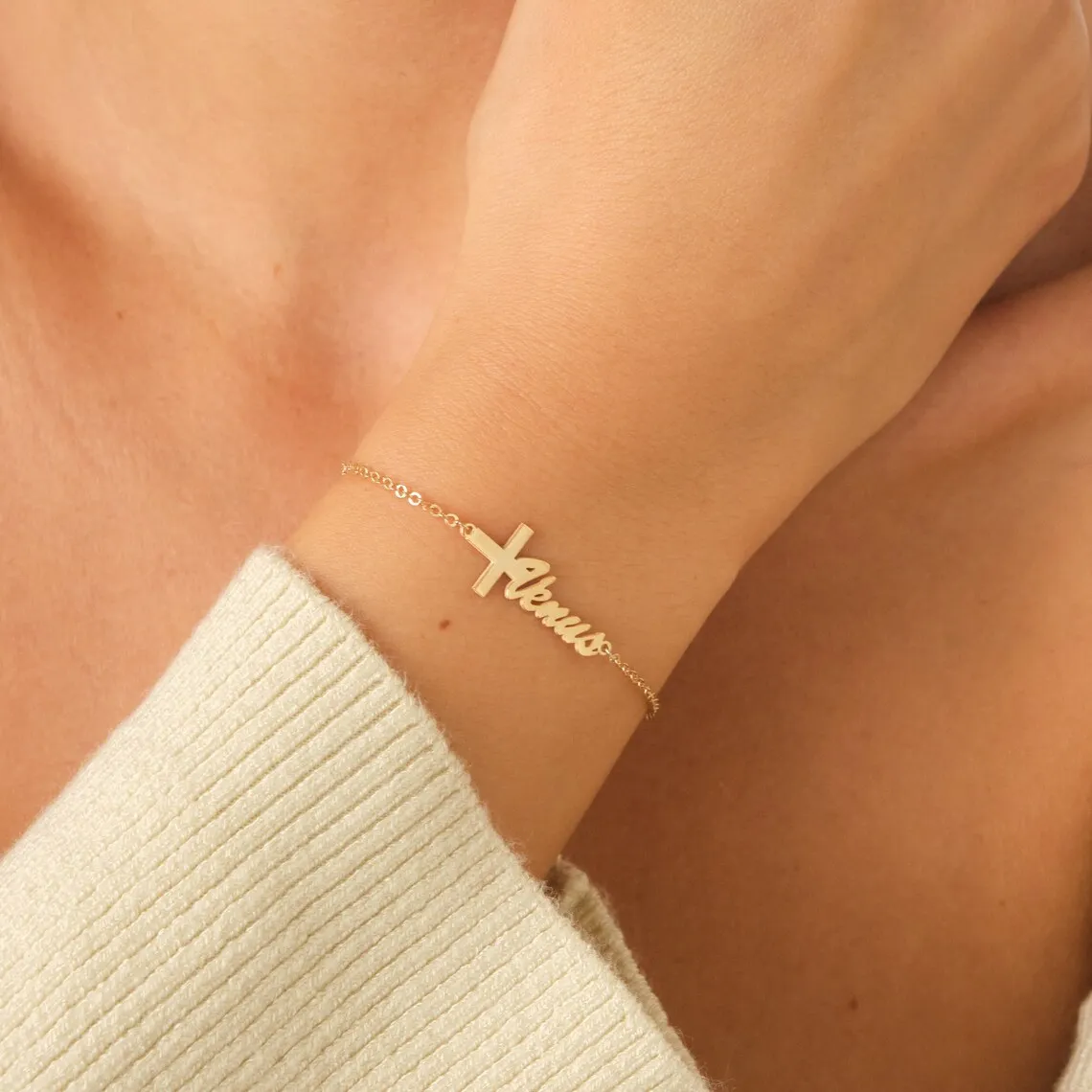 

Custom Dainty Cross Bracelet Women Christian Bracelet Stainless Steel Personalized Cross Bracelet with Name Communion Gift