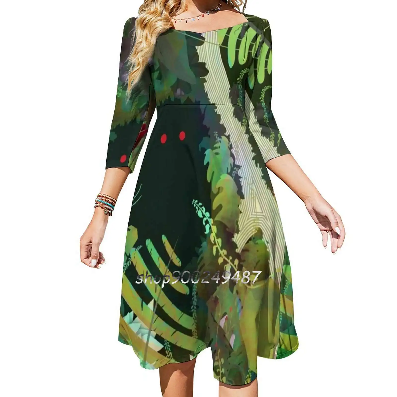 

Jungle Monster ! Square Neck Dress Cute Loose Print Dresses Elegant Beach Party Dress Scenery Monster Hide Jungle Forest Plant