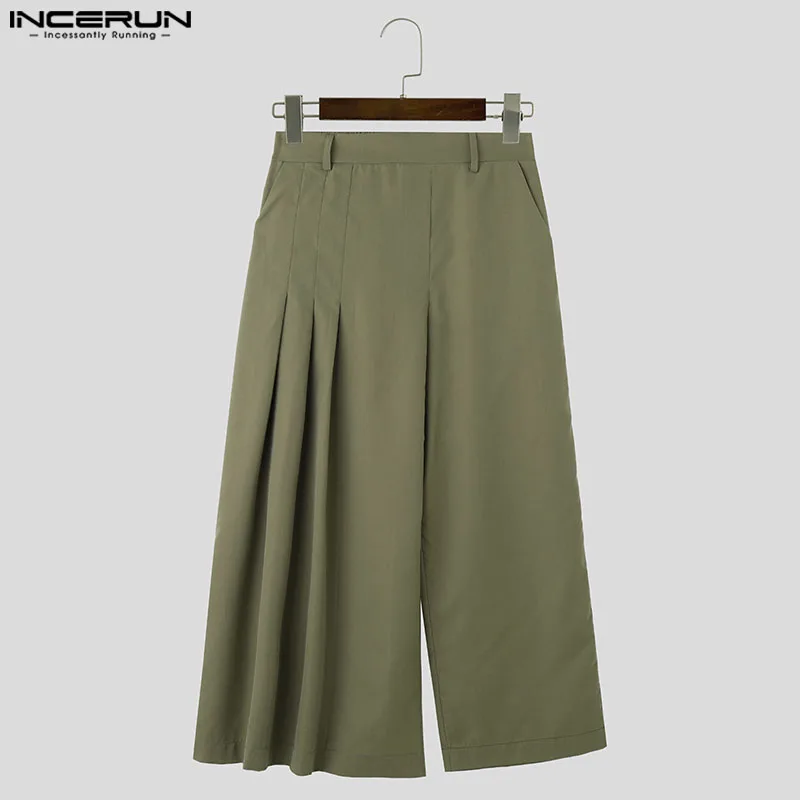 INCERUN Men Irregular Pants Solid Color Elastic Waist Loose Pleated Joggers Trousers Men Streetwear 2024 Fashion Casual Pants