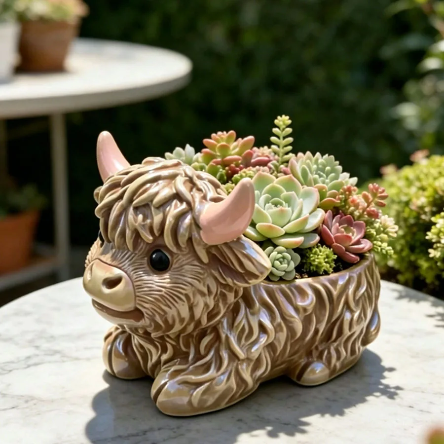 Simulation Highland Cow Flower Pot, Cute Yak Ornament, Succulent Planter, Creative Plateau Animal Decoration for Mini Garden