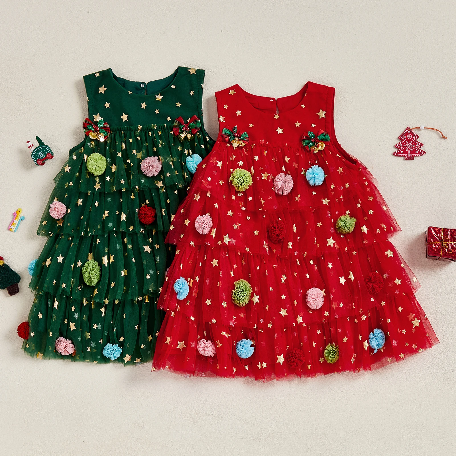 

2026 Xmas Toddker Baby Girls A-line Dress Sleeveless Shiny Stars Tank Dress Layered Tulle Dresses Christmas Costume with Bells