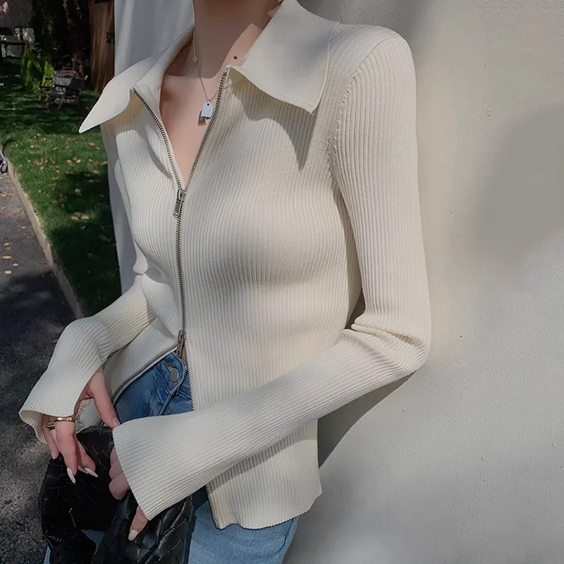 White V-Neck Cardigan Sweater Jacket For Women, 2024 Autumn And Winter New Design, Double Zipper Knitted Slim Fit Top