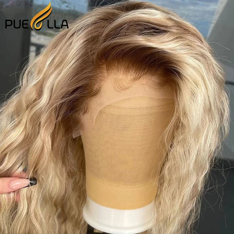 Peluca de cabello humano con encaje Frontal T4, pelo brasileño con ondas al agua, color rubio dorado transparente, cierre 4x4, 13x4, 613