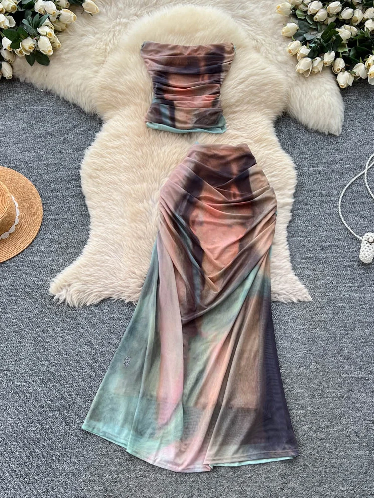 

Сексуальная майка с принтом Spicy Girl, комплект из двух предметов, женская летняя плиссированная юбка с высокой талией, утягивающий ансамбль