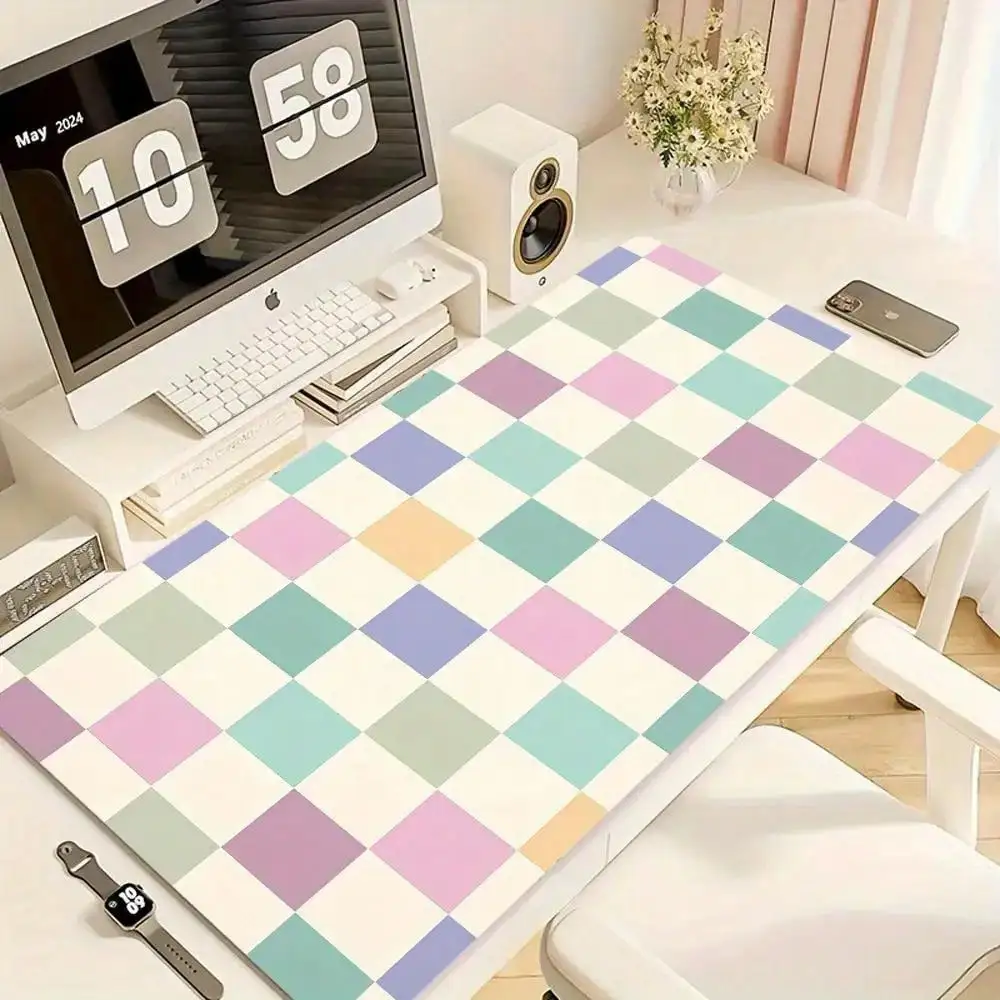 Pastel Checkered Desk& Mouse Pad- Non-Slip Rubber Base, Soft Pastel Pink//Mint/Beige/Lavender/Sage Green, -Stitched Durable Surface, Pastel Pink& Mint Checkered
