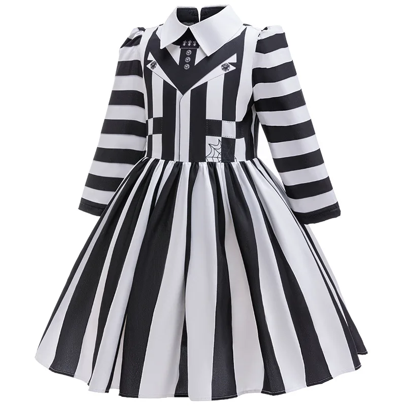 Children's Halloween Birthday Party Cosplay Costume Girls Black And White Striped Princess Dresses With Hair Accessories