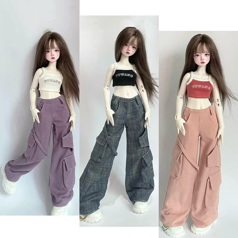 ใหม่ (1/4 BJD เสื้อผ้าตุ๊กตา) เสื้อกล้ามและ celana JEANS Panjang เสื้อกล้ามกางเกงลายพรางกว้างสำหรับ1/4 SD MSD เครื่องประดับตุ๊กตา