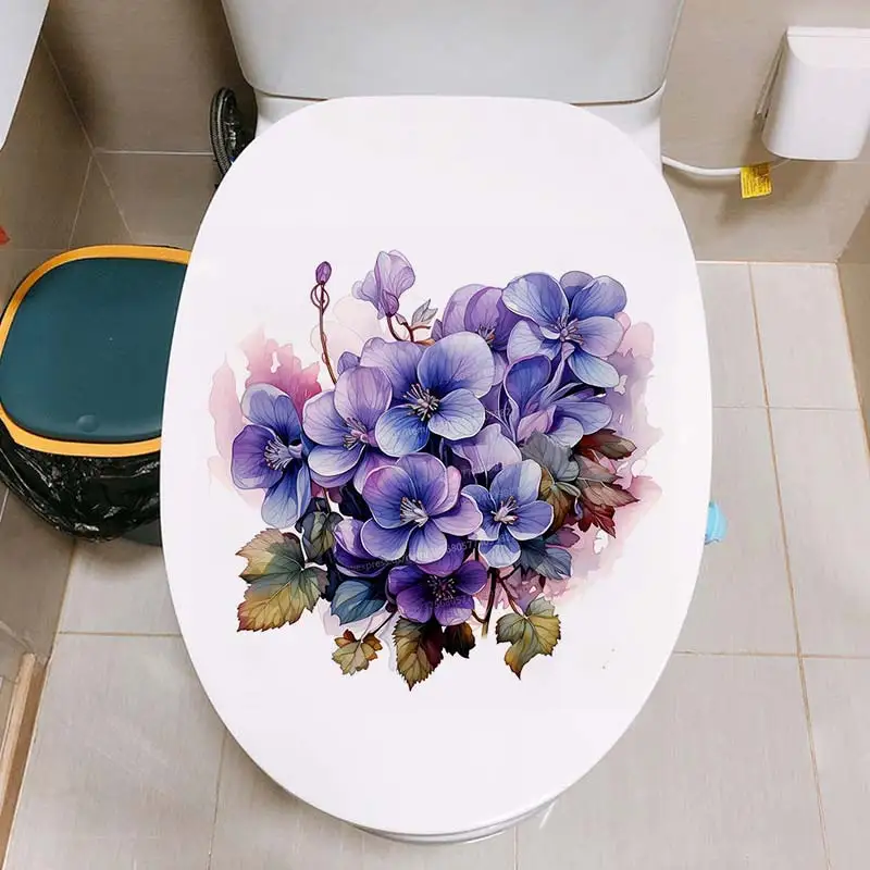 Beautiful Violet Flowers Bouquet Watercolor Toilet Lid Decal-Bathroom Wall Sticker Self-Adhesive Waterproof Home Decor S164
