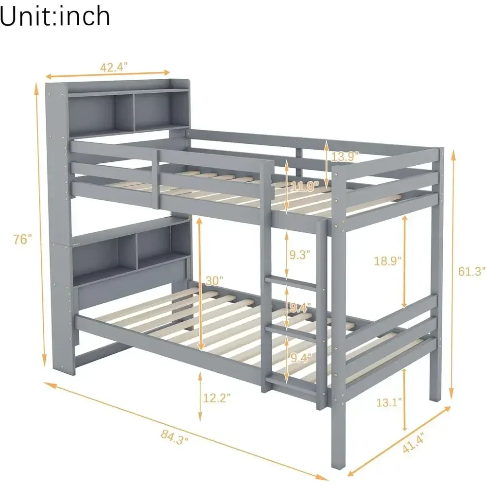Gray Twin Over Twin Bunk Bed with Storage, Built-in Shelves, Guardrails, Ladder, Splits into Two Beds