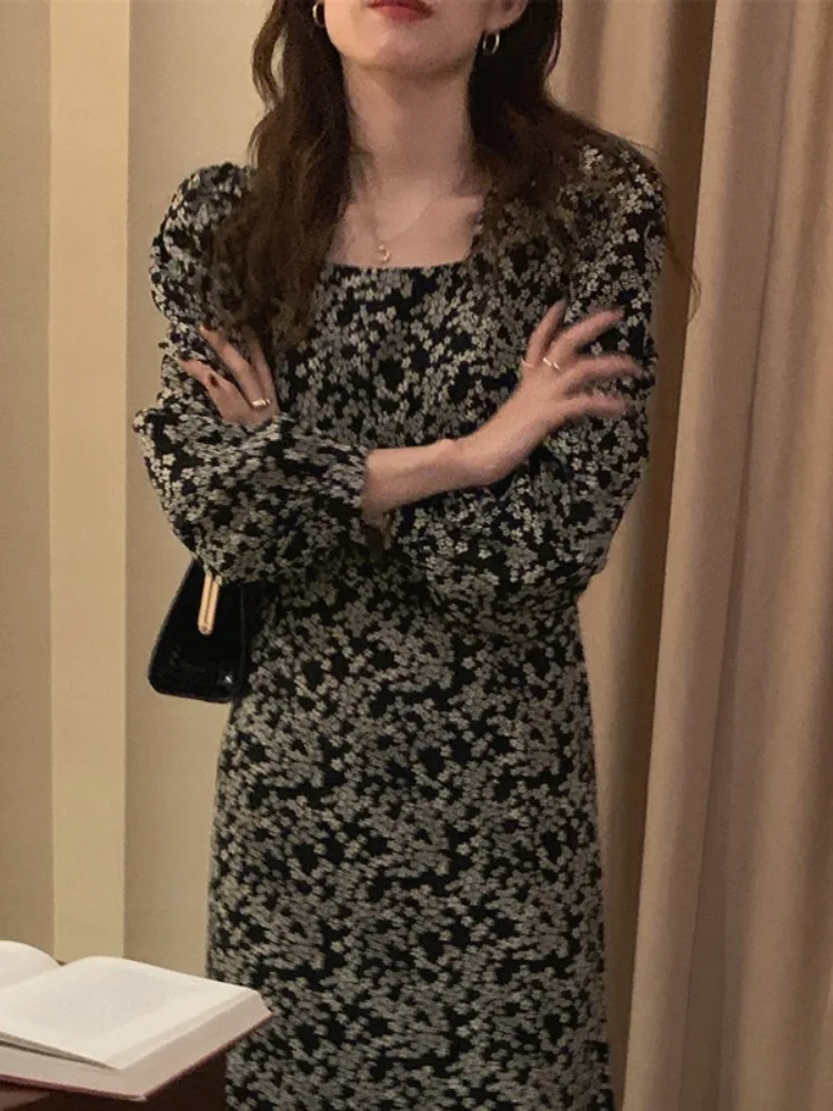 Ele Autumnal Vintage Chic Square Collar Bone Exposure Floral Slim Fit Long Sve Chiffon Dr Exuding Feni