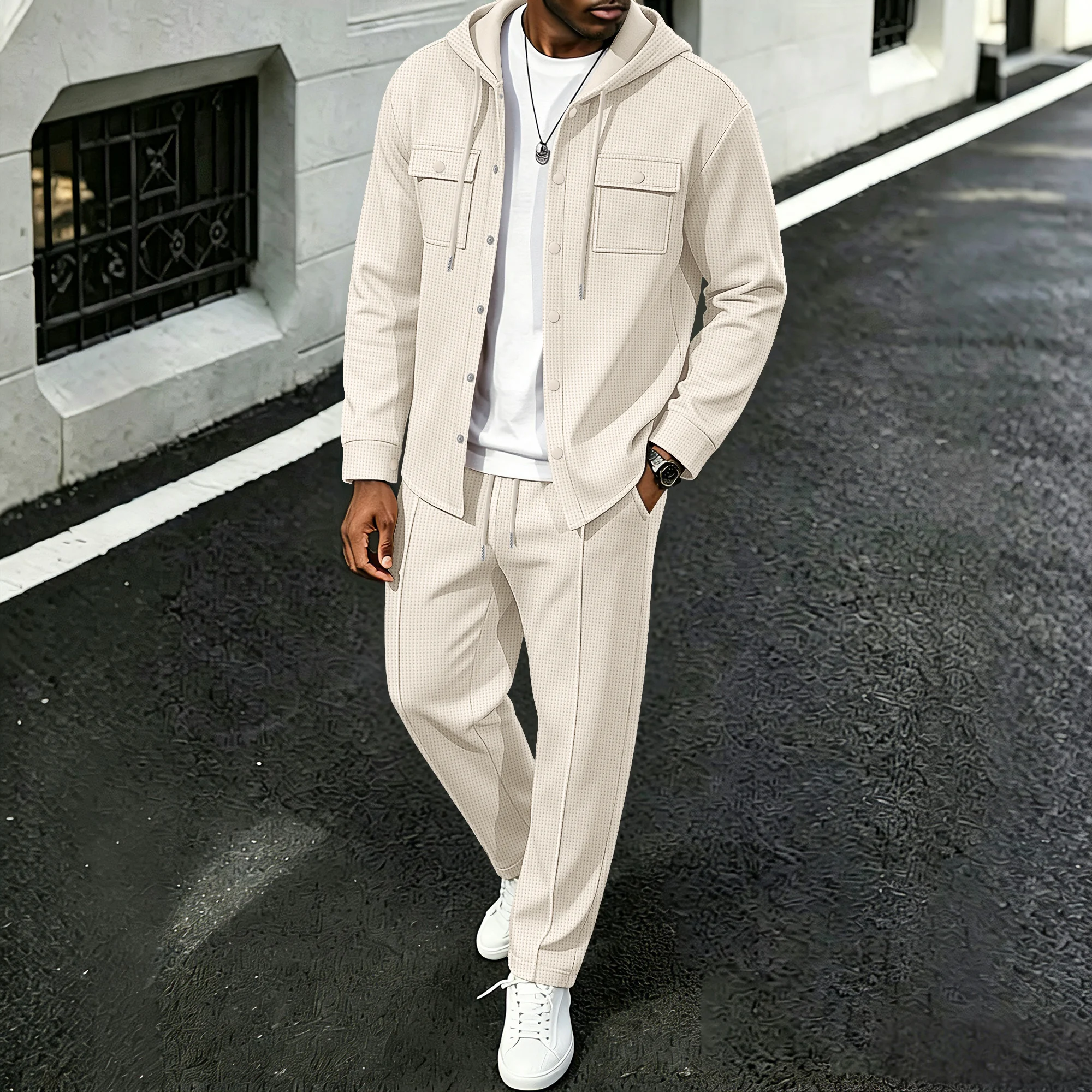 Men's spring-autumn matching set: Waffle knit hooded jacket paired with straight-leg pants, suitable for outdoor travel and casu - view 5