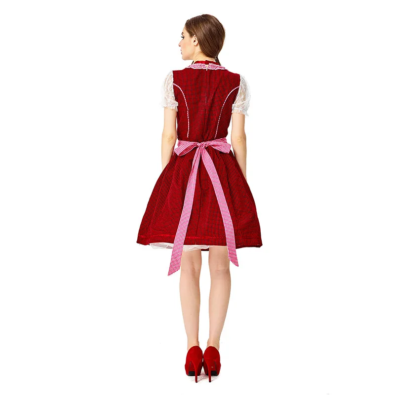 German Oktoberfest Women  Red Plaid Dirndl Costume Beer Maid Cosplay Tavern Wench Waitress Apron Outfit Halloween Party Dress