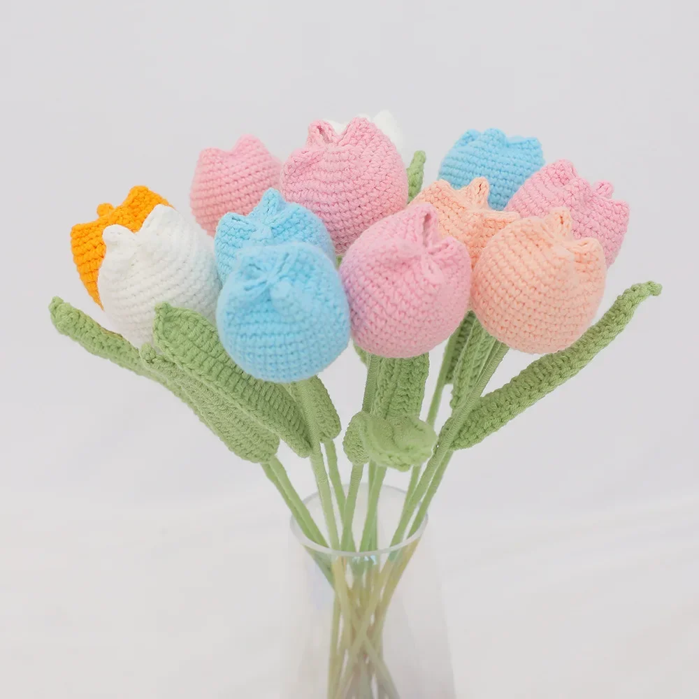 1pcs Knitted Artificial Flowers Crochet Tulips for Home Decor Cotton Yarn Fake Flower for Vase Handmade Mother's Day Gift Friend