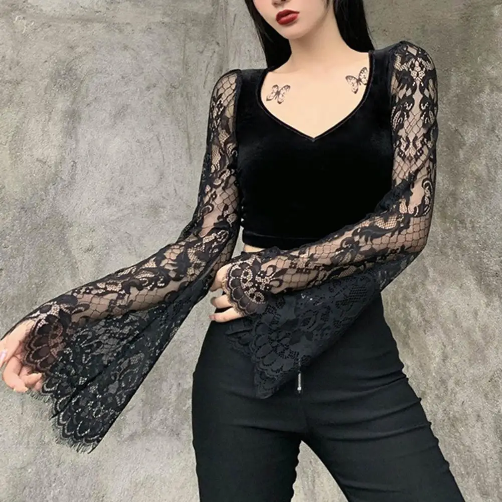 Vintage Gothic Velvet Lace Tops Harajuku Sexy See Through Long Sleeve Crop Top Women Autumn Elegant Basic Tops ropa mujer