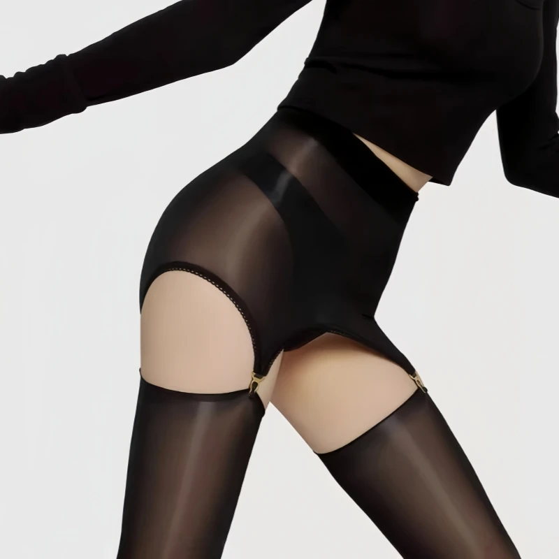 

8D Oil Shiny Stretchy Nylon Thigh High Stockings With Garter Belt Set Women Sexy Ultrathin Transparent Hip Wrap Mini Skirt