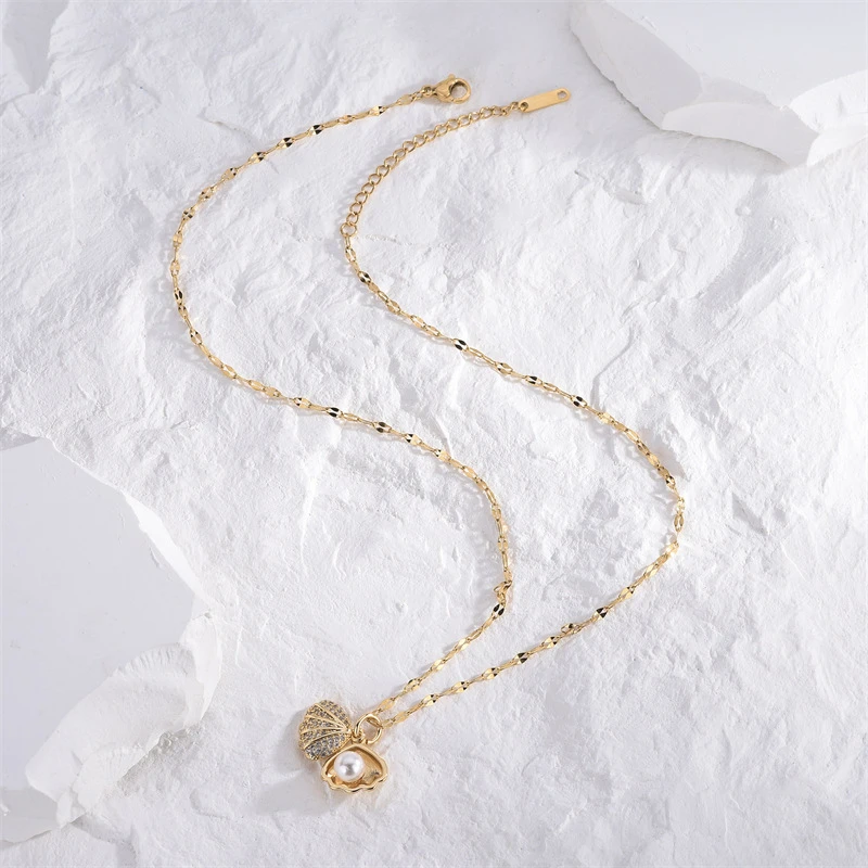 New Korean Openable Shell Pearl Necklace for Women Micro Inlaid Rhinestone Copper Pendant Clavicle Chain Wedding Party Jewelry