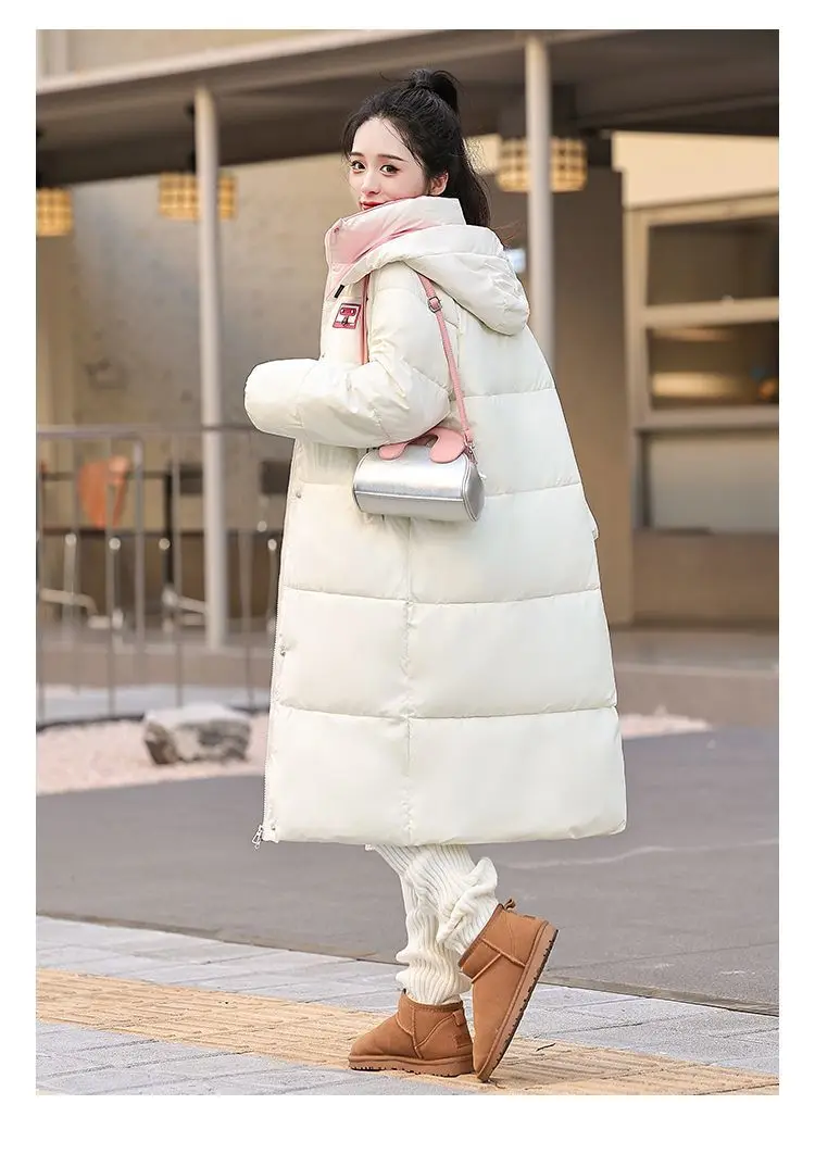 Long Hooded Puffer Coat Women Contrast Collar Warm Quilted Parka Zip‑Up Loose Windproof Winter Outerwear Ladies Padded Jacket