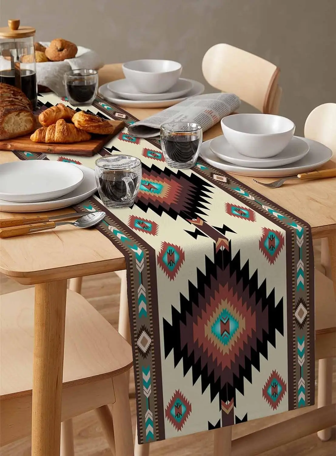 Brown Teal Southwest Linen Table Runner Western Geometric Abstract Ethnic Dresser Scarf Table Decor Home Dining Party Decoration