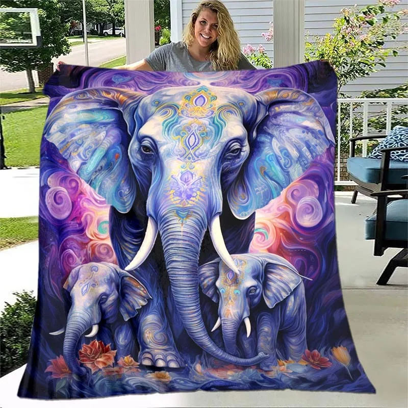 Cozy Elephant-Themed Flannel Throw Blanket - Soft Warm Lightweight for Couch Bed Travel Camping - Durable Digital Print Design