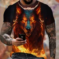 Summer Men's Lightweight Fitness Sports T-Shirt Cool Fire Wolf Graphic 3D Print Short Sleeve Casual Loose Streetwear Men's Tops