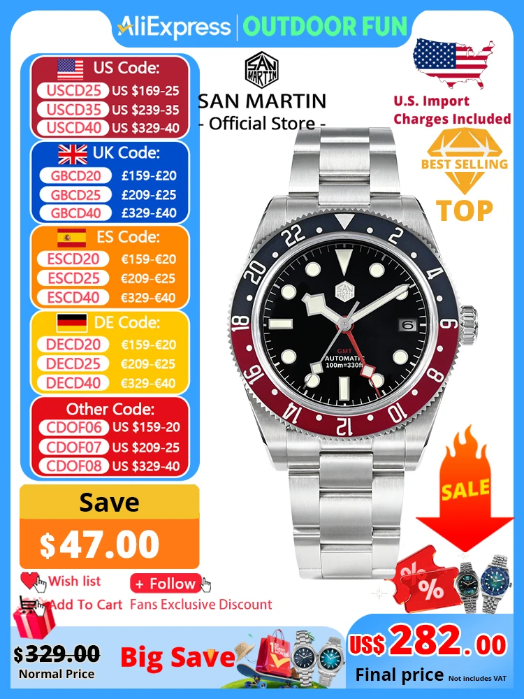 

San Martin 39 мм NH34 GMT Мужские роскошные часы Двунаправленный алюминиевый безель Автоматические механические сапфировые часы 100 м Водонепроницаемые SN0109