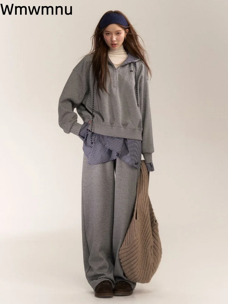 

Модный комплект из 2 предметов в клетку, женская повседневная толстовка с капюшоном, Conjuntos, широкие брюки с высокой талией, мешковатые брюки, ансамбли