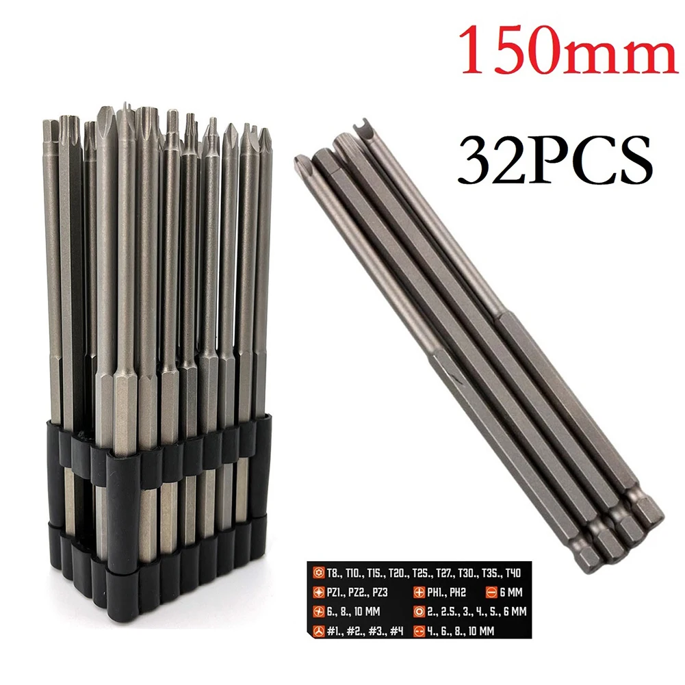 32x Extended Screwdriver Bit Set Alloy Steel 150mm Long Torx Tamper Proof Spanner Screwdriver Drill Bit For Phillips Hex Drill