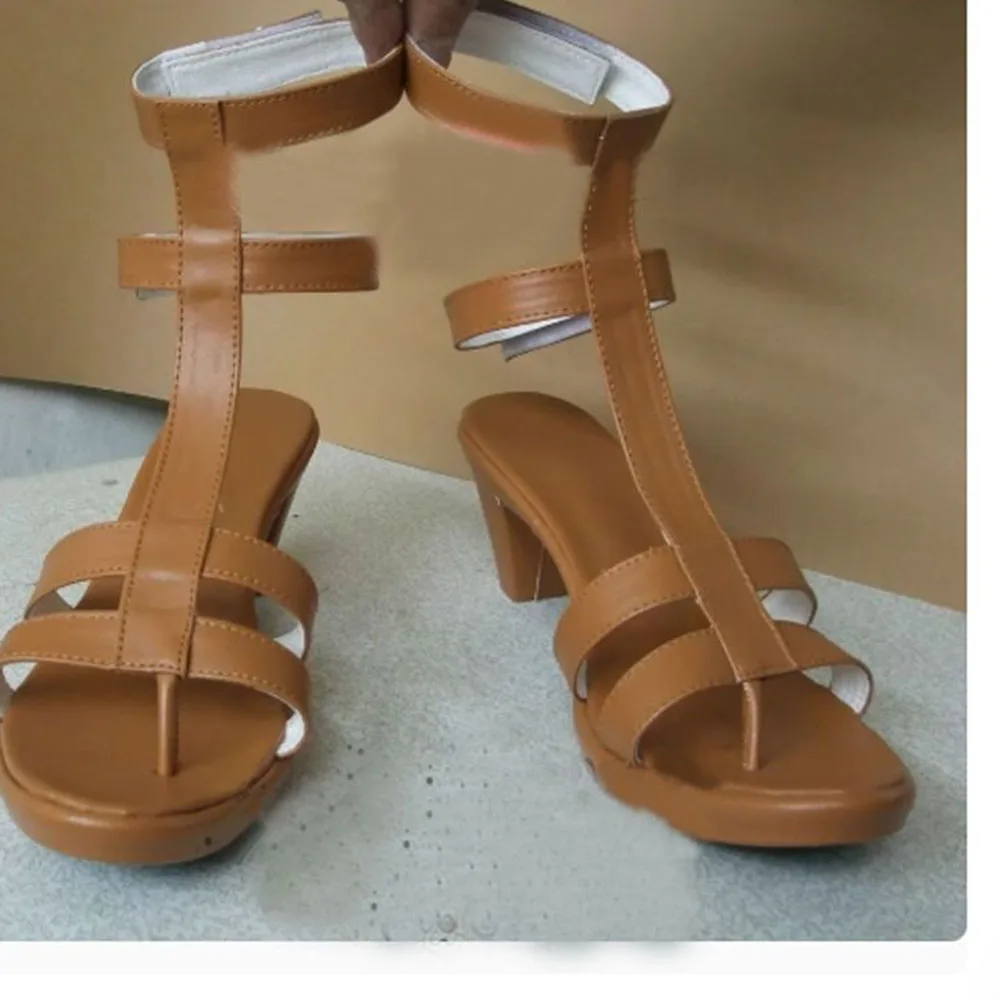 Women One Piece Nami Cosplay Gladiator Sandals Pu Leather Brown Block-Heel Shoes Customizable Ankle Wrap Footwear for Carnival