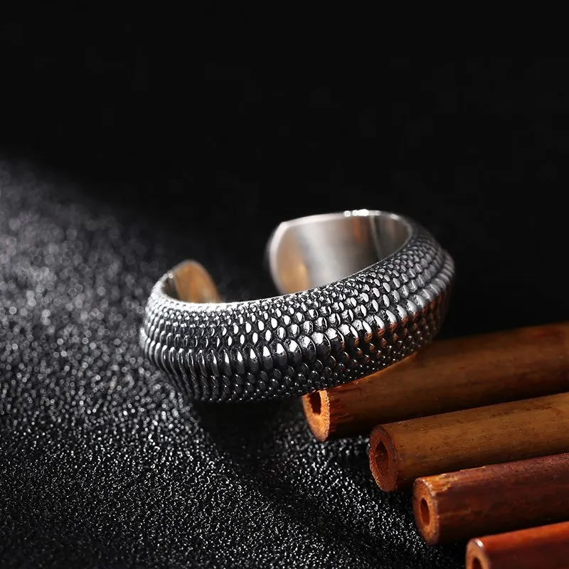 

S925 Sterling Silver Personalized Fish Scale Raised Face Open Ring for Men Thai Silver Retro Trendy Scale Punk Index Finger Ring