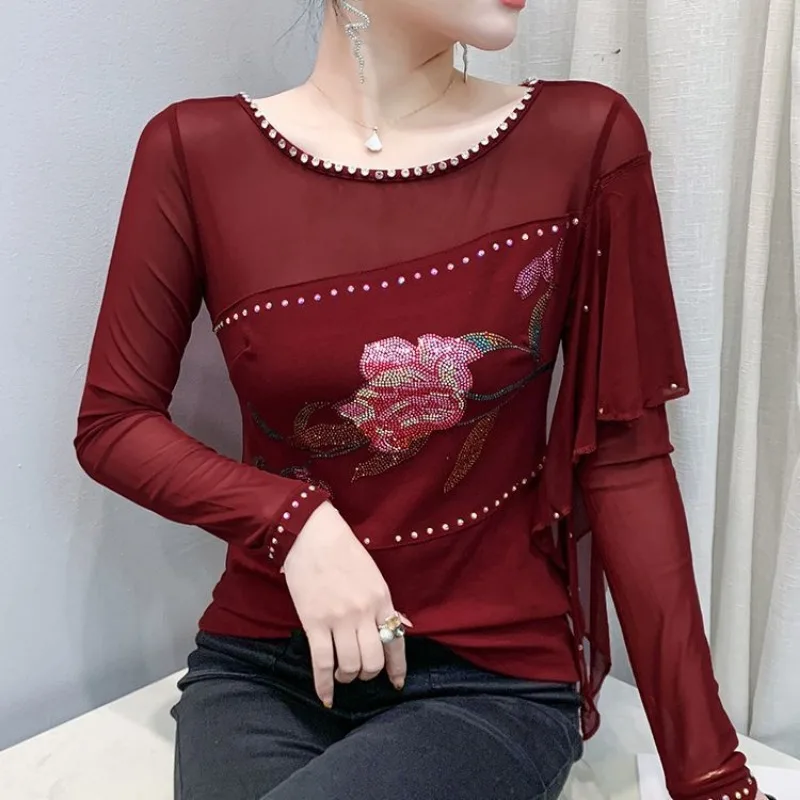 

Spring and Autumn Round Neck Sexy Mesh T-Shirt Women's Long Sleeve Lotus Le Slim Top Bottoming Shirt