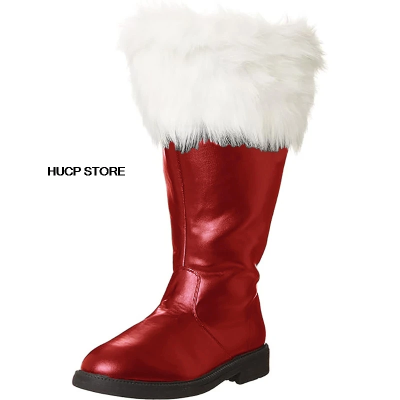 Christmas Santa Claus Boots Men's Cosplay Black Leather Shoes White Plush Cuffs Foot Halloween Christmas Winter Boots