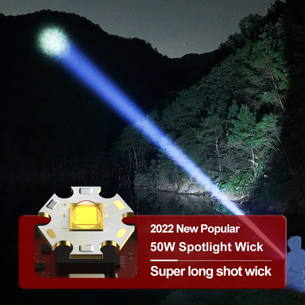 5000 Meters Long Throw LED Flashlight COB Work Light Type-C Rechargeable Spotlights 10000000Lumen White LED Tactical Flashlights